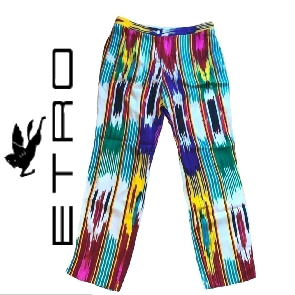 Etro Ikat-Print Ankle Pants, Pink/Multi Color Size 6